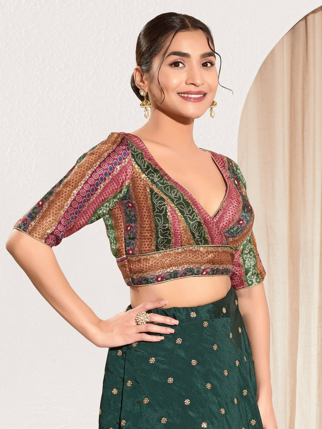 Magenta Brocade Padded Blouse with V Neck and Elbow Sleeves