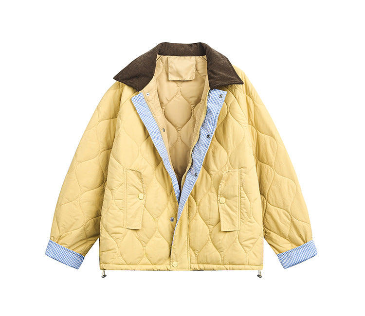 Yellow Diamond Quilted Short Jacket with Brown Flip Collar - Image 6
