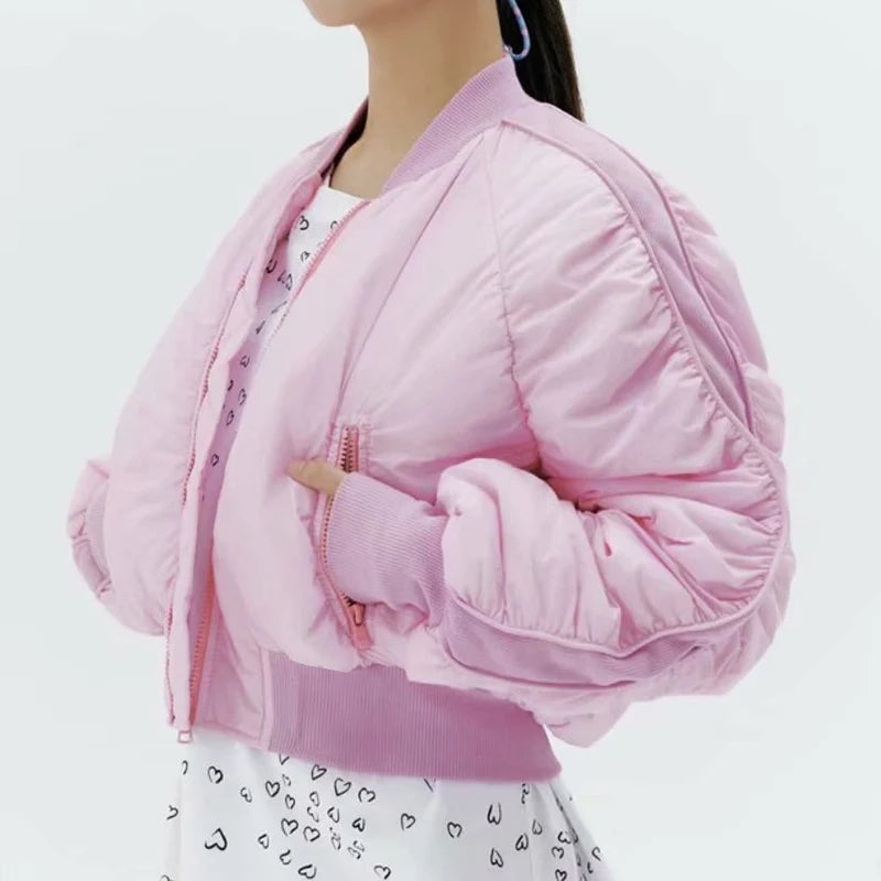 Women's Pink Harajuku Cropped Bomber Jacket with Pockets - Image 6