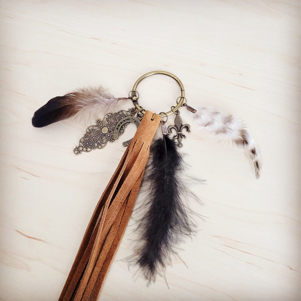 Boho Western Leather Boot Bling Charm Feather & horseshoe 500k