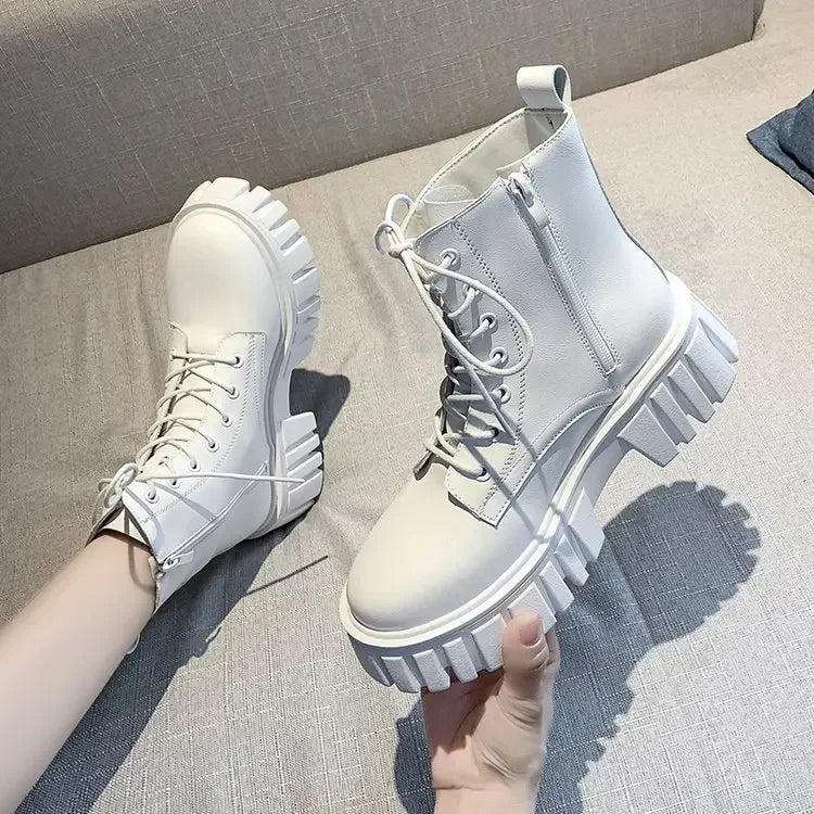 Women's Chunky Platform Ankle Boots - Black & White Lace-Up Style - Image 5