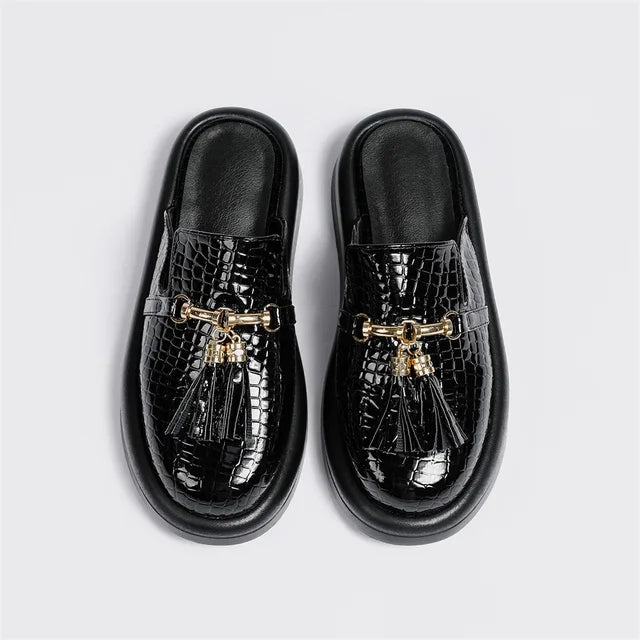 Black Croc-Embossed Tassel Mule Flats Women's Slip-On Shoes - Image 7