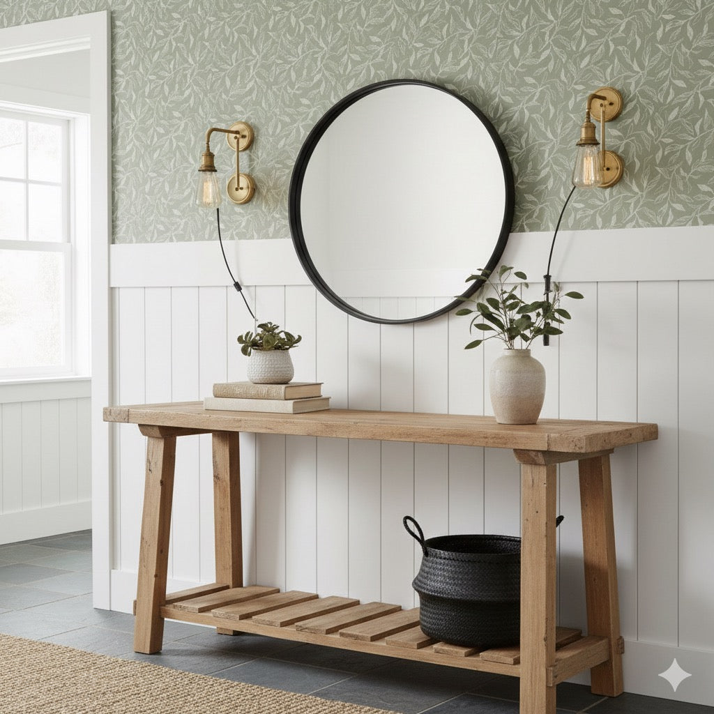 Swift transitional wallpaper with a green, blue, and taupe pattern suitable for modern-farmhouse decor.