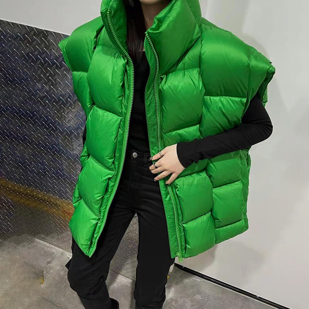 Women's Green Puffy Stand-Up Collar Quilted Down Vest - Image 7