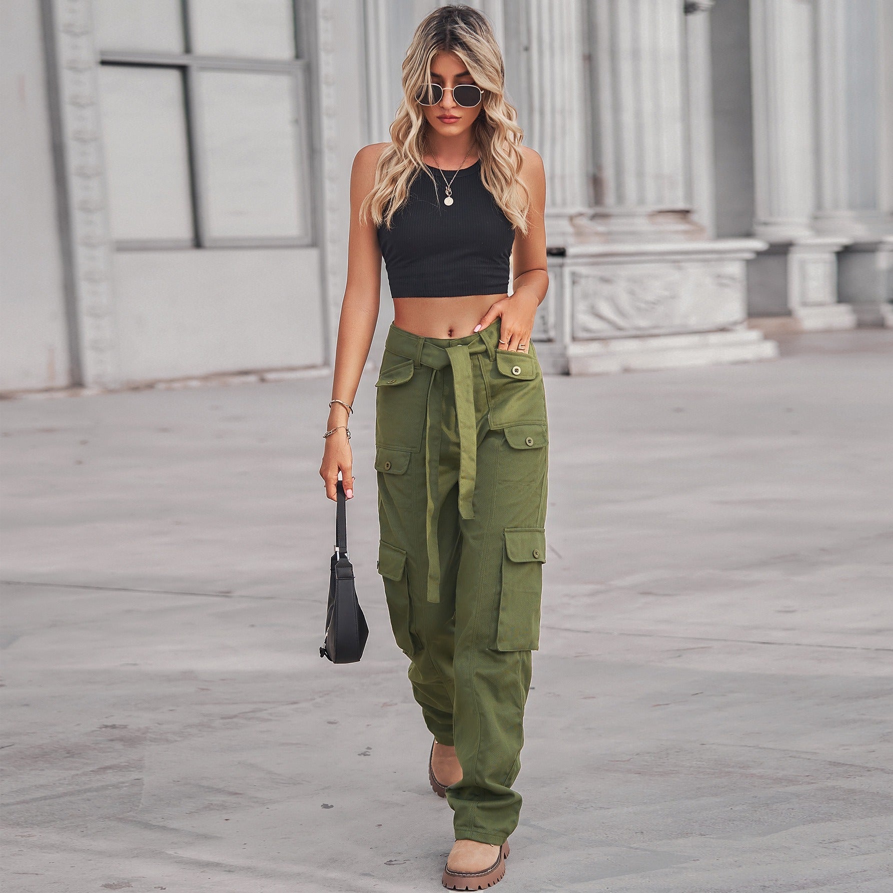 Washed Denim Multi-Pocket Cargo Pants with Tie Waist - Image 3