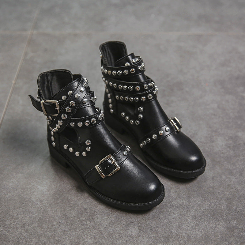 Women's Black Studded Rivet Buckle Ankle Boots for Edgy Style