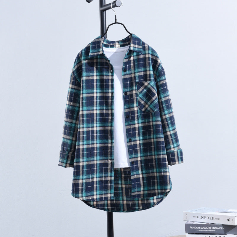 Loose Fit Cotton Plaid Long Sleeve Button-Up Shirt for Women - Image 7