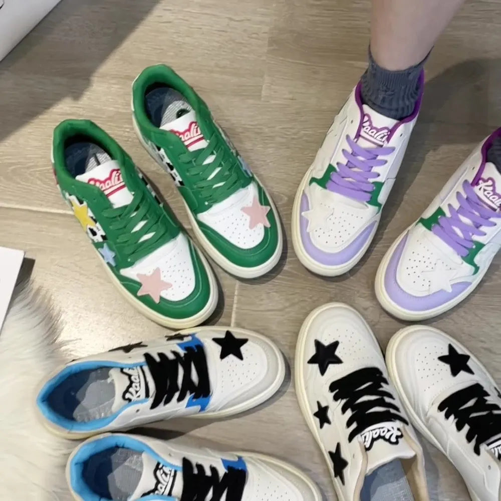 Contrast Star Round Toe Athletic Sneakers - White Y2K Flat Shoes