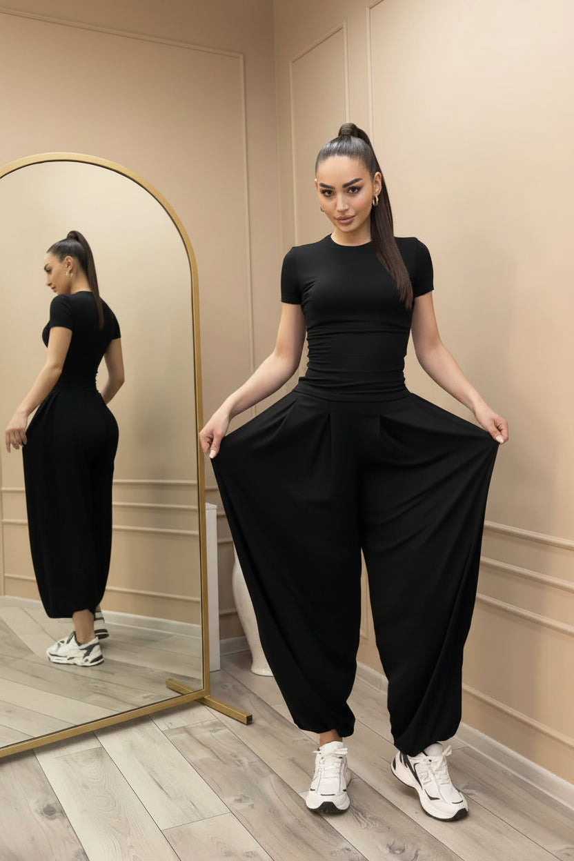 Women's Short Sleeve Fitted Tee & Wide-Leg Harem Pants Set