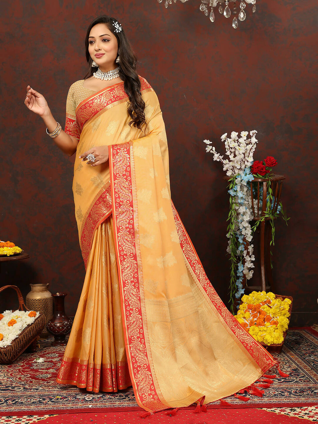 Gold Woven Cotton Saree with Traditional Zari Weaving Design