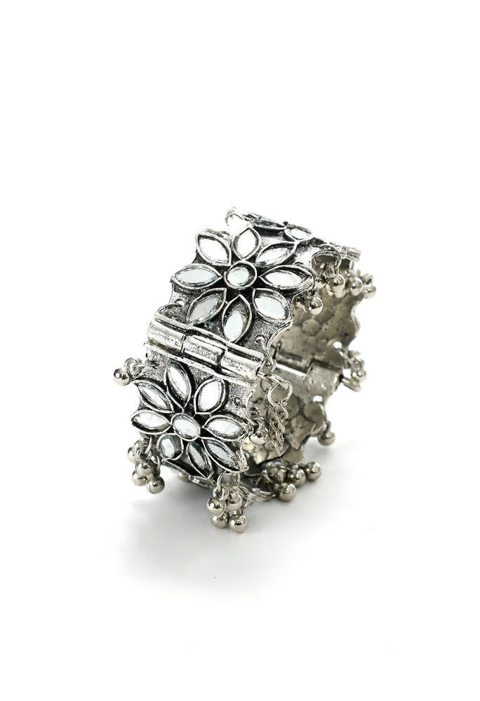 Kamal Johar Oxidised Silver-Plated Mirror Work Cuff Bracelet