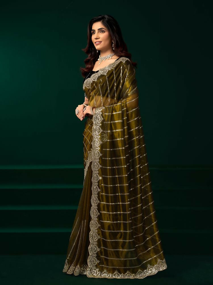 Mehendi Green Net Party Wear Saree with Velvet Blouse
