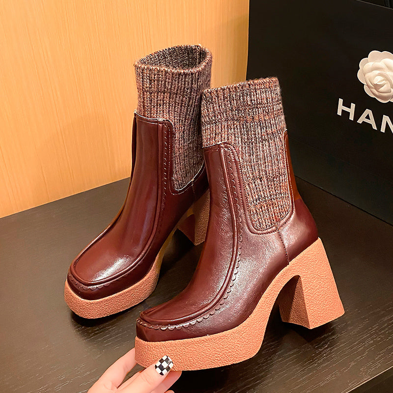 Women's Genuine Leather Chunky Platform Ankle Boots Black & Brown - Image 7