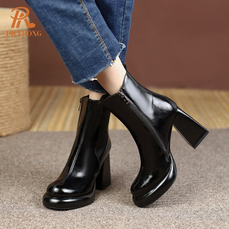 Women's Genuine Leather Black Beige Chunky Platform Ankle Boots