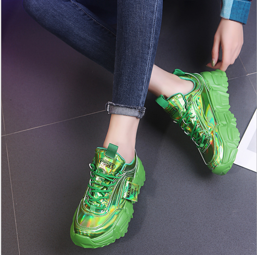 Women's Dazzle Green Iridescent Chunky Dad Sneakers Casual - Image 2