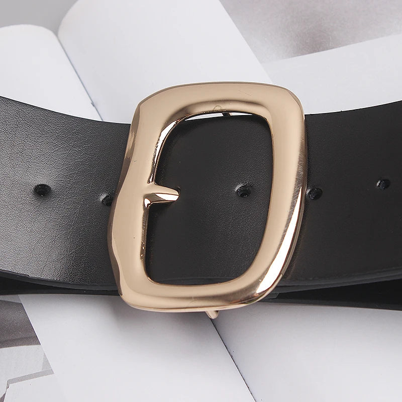 Wide Black Cowhide Waist Belt with Gold Buckle for Women - Image 4