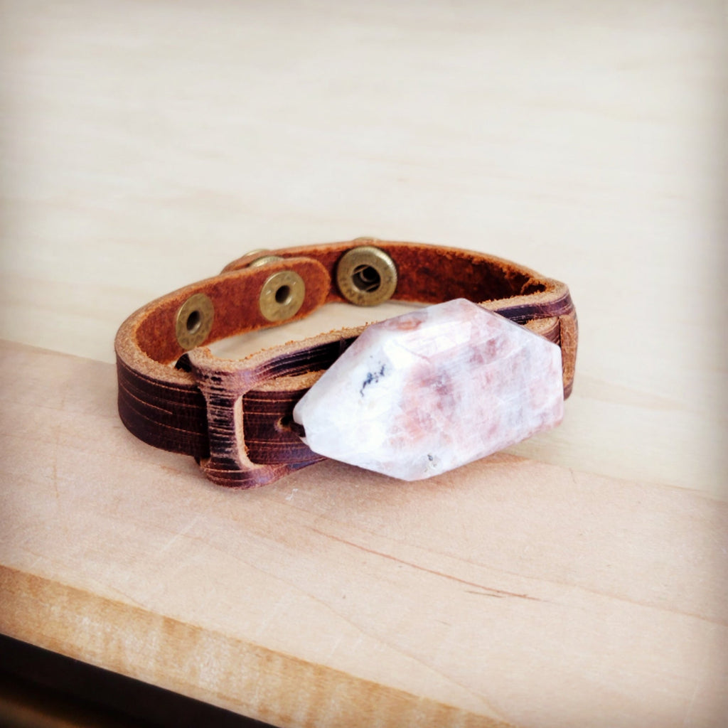 Sunstone Slab Narrow Brown Leather Cuff Bracelet - Image 3