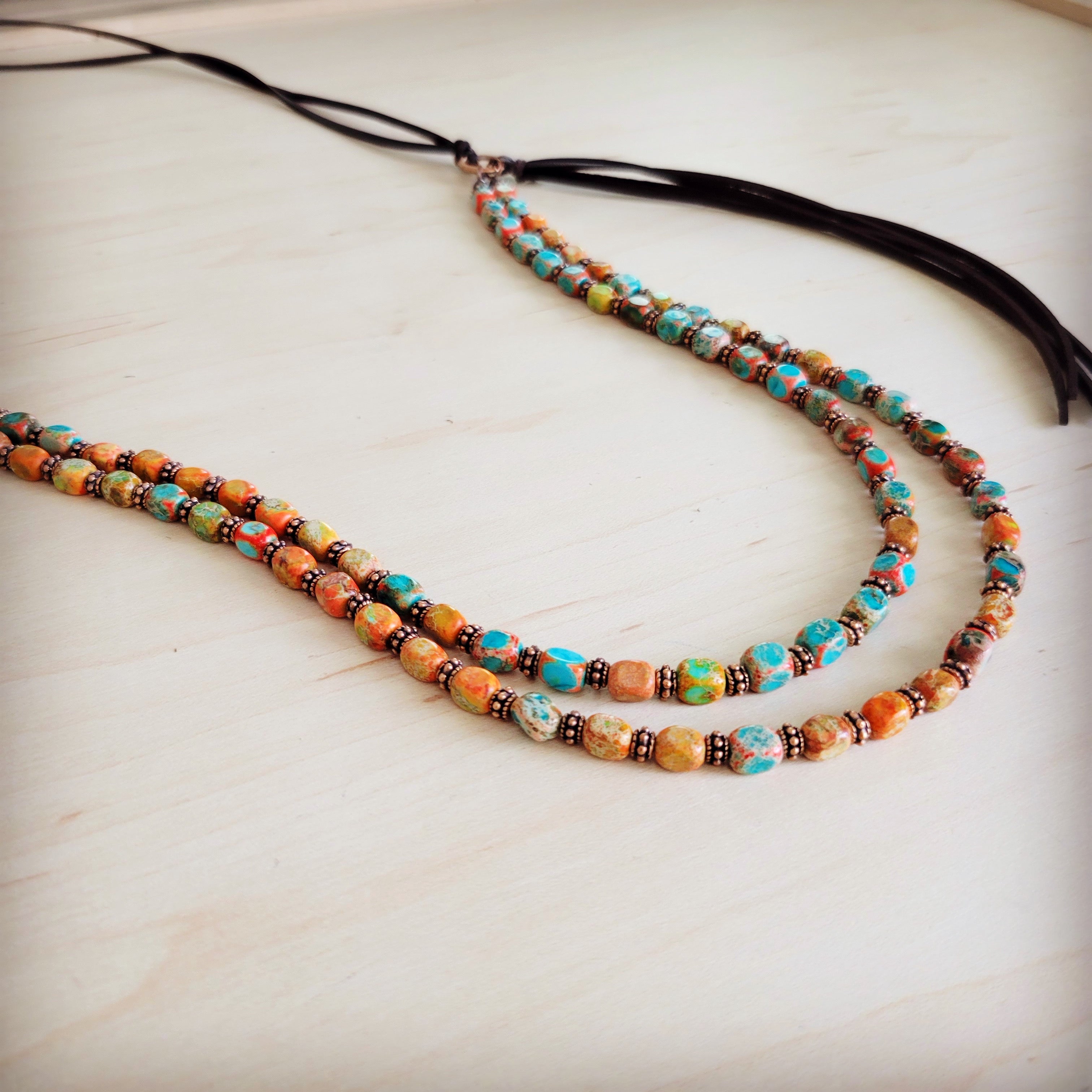 Sunrise Regalite Double Strand Beaded necklace w/ Tassel 264p