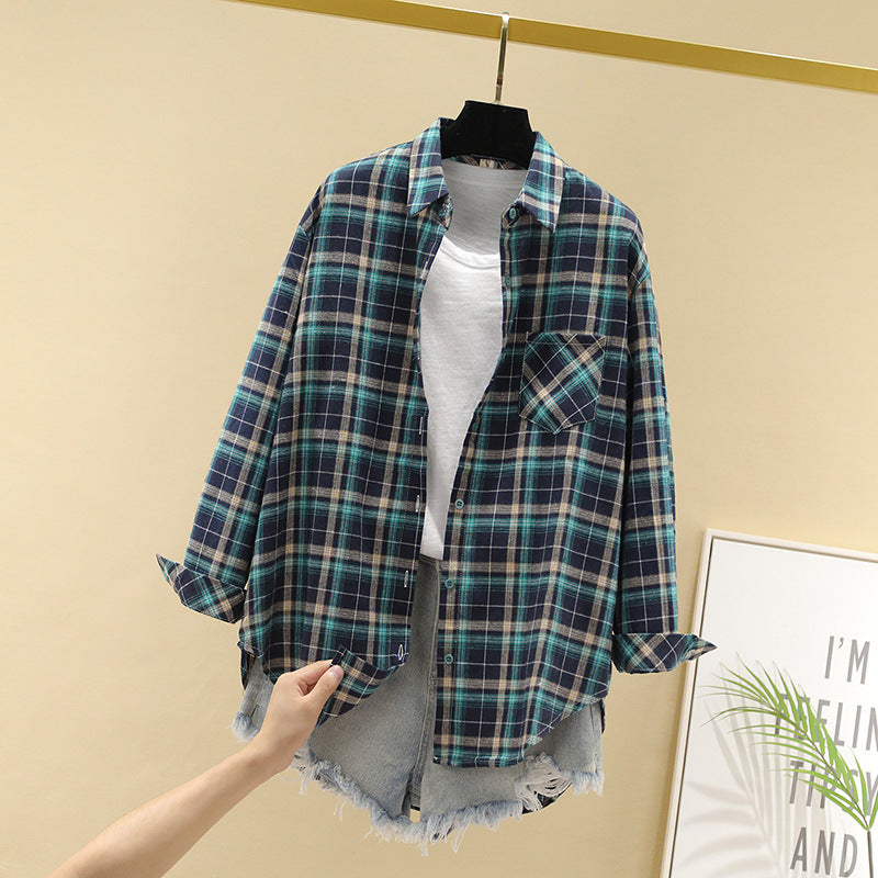 Loose Fit Cotton Plaid Long Sleeve Button-Up Shirt for Women - Image 3