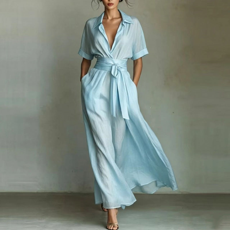 Women's Solid Color Waist-Slimming Maxi Dress with Flip Collar