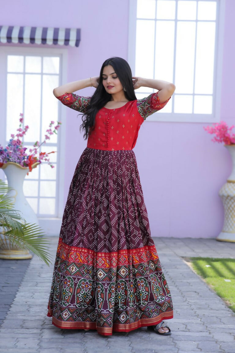 Jyoti Fashion Women's Wine Patola with Foil Print Dola Silk Anarkali Dress