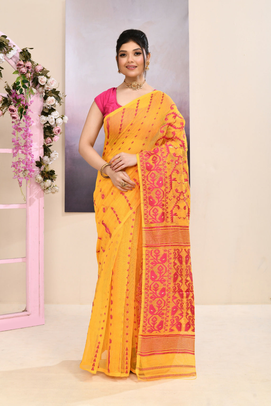 Yellow Embellished Cotton Blend Jamdani Saree for Women