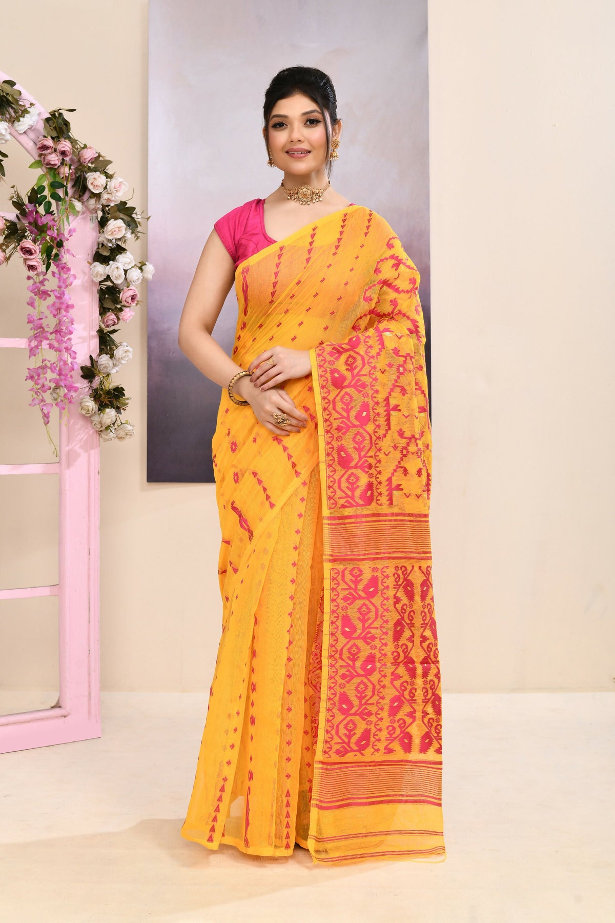 Yellow Embellished Cotton Blend Jamdani Saree for Women