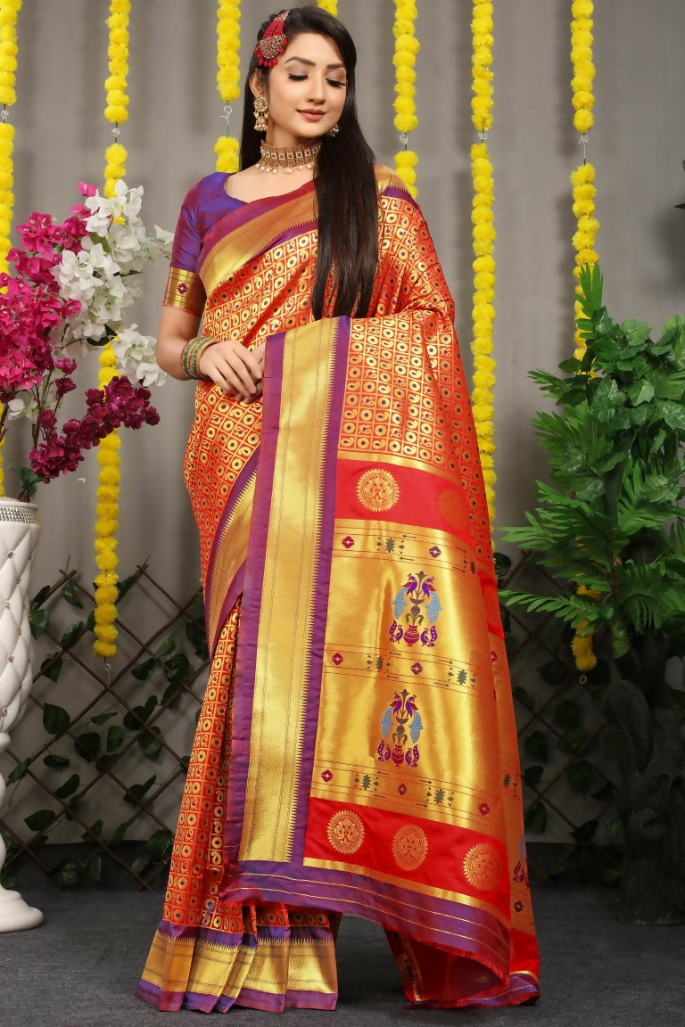 Maroon Banarasi silk saree featuring Zari woven designs with a contrasting purple blouse piece.