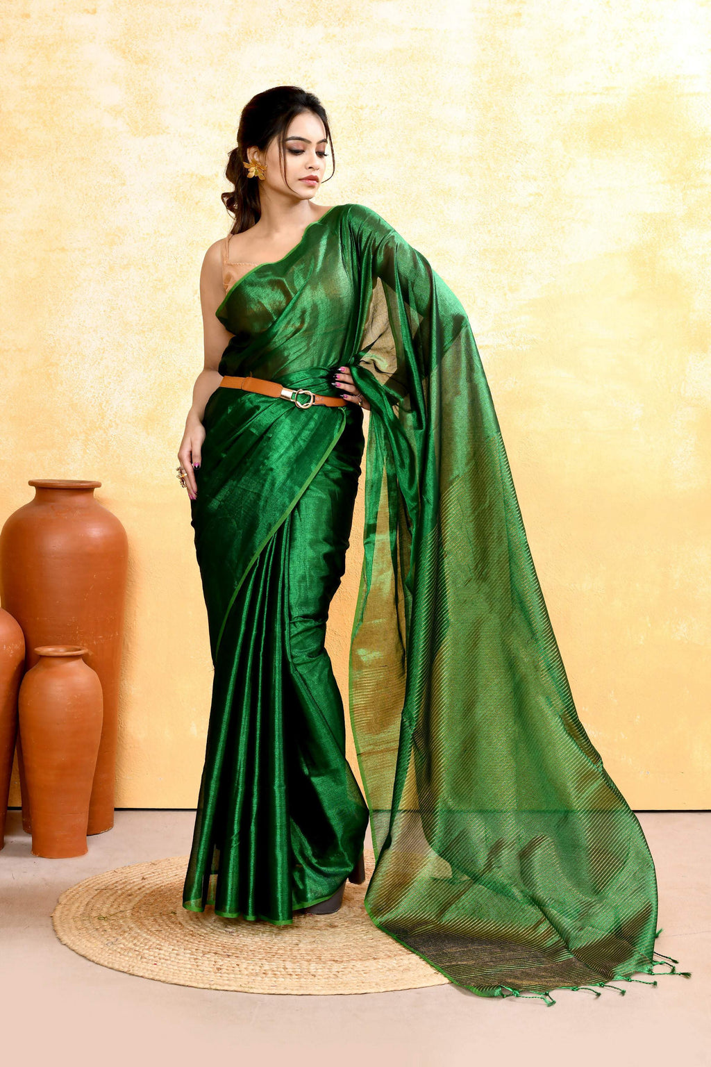 Women's Green Dual Tone Organic Tissue Saree with Blouse Piece