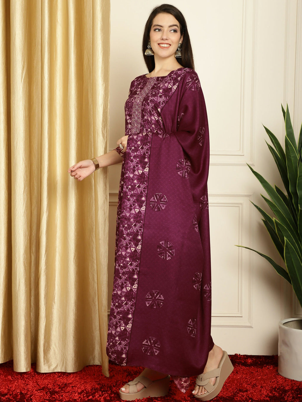 Women's Wine Pashmina Straight Kurta Set with Digital Floral Print