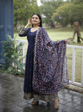 Jyoti Fashion Women's Navy Blue Faux Blooming Sequins with Zari Embroidery Anarkali Dress with Dupatta