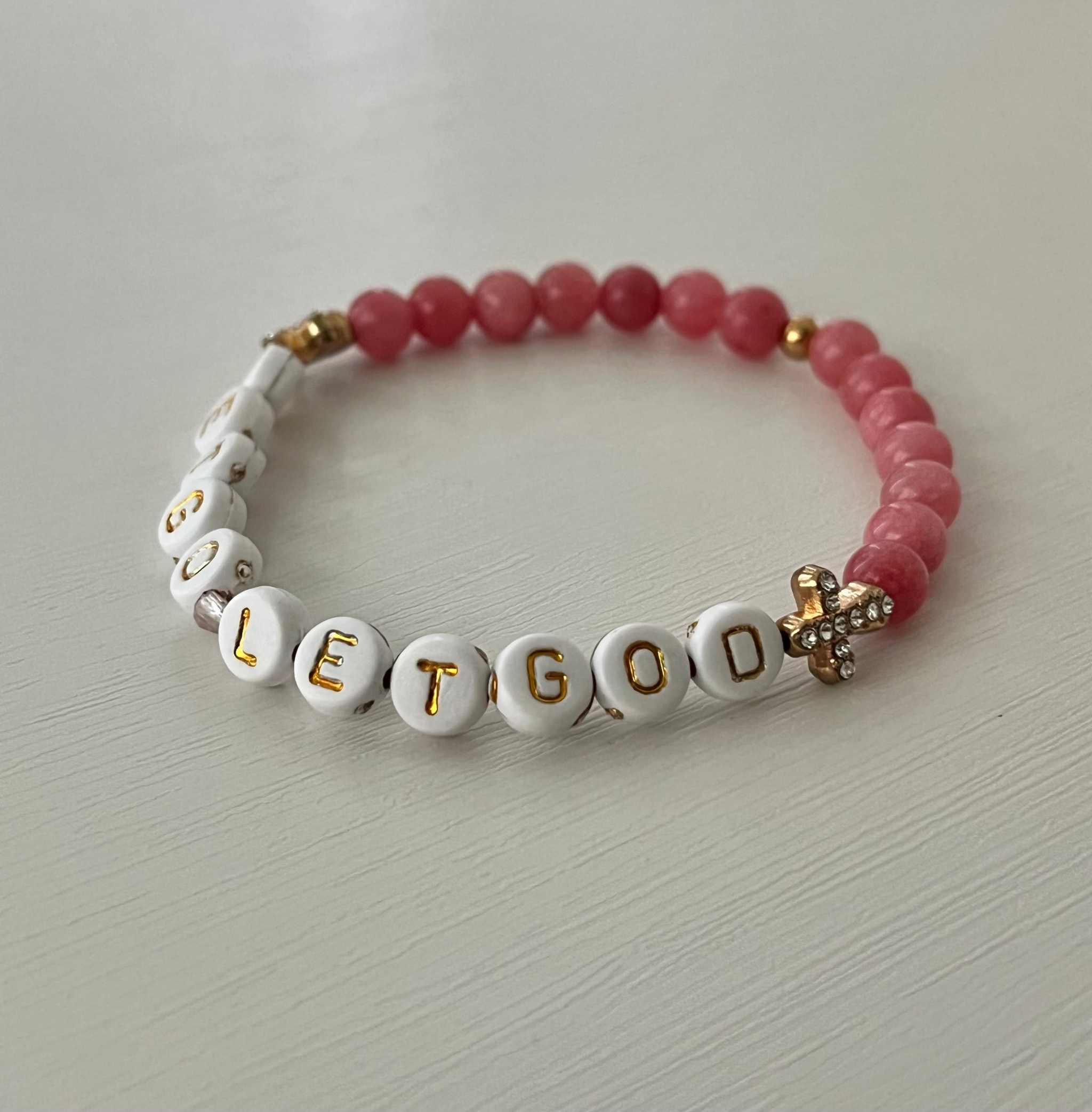 Let Go Let God Pink Marble Bead Bracelet with Gold Crosses