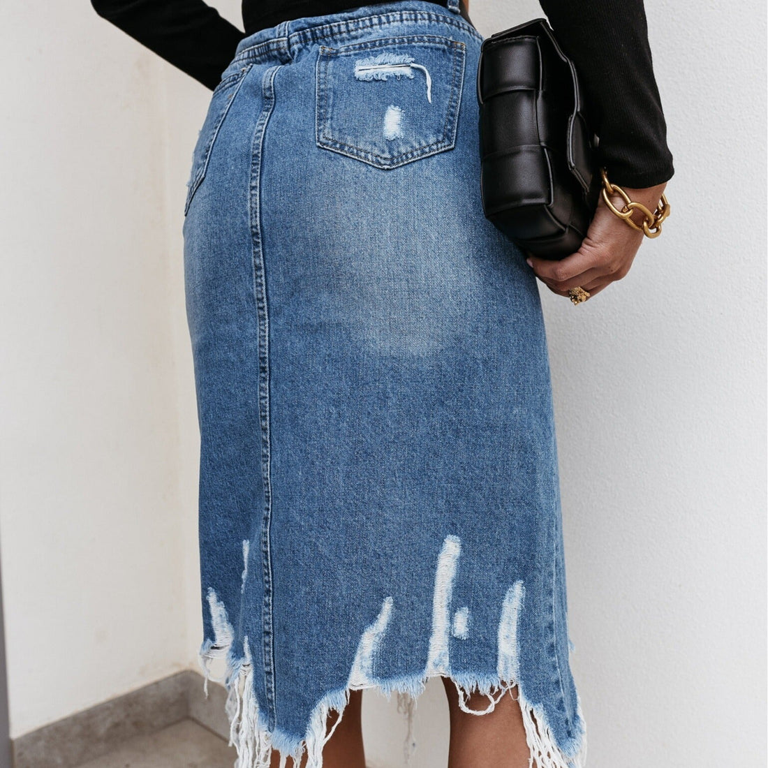 Women's Ripped Denim Midi Skirt with Distressed Tassel Hem - Image 2