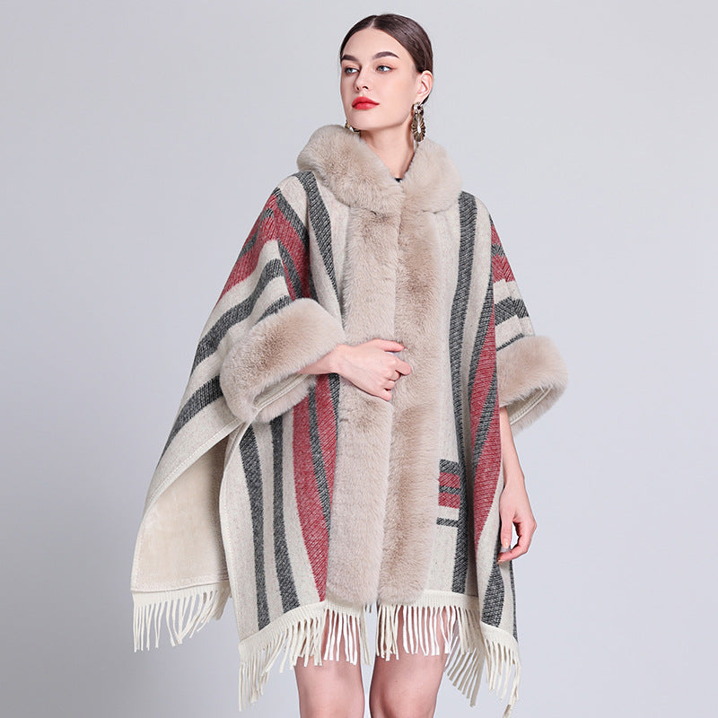 Women's Knitted Hooded Poncho with Fur Trim & Tassels for Winter