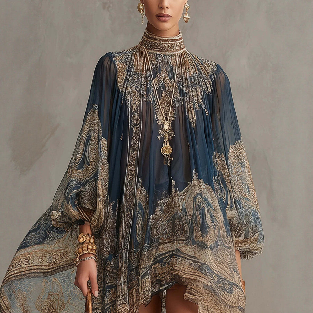Navy Blue Printed Puff Sleeve Stand Collar Bohemian Midi Dress