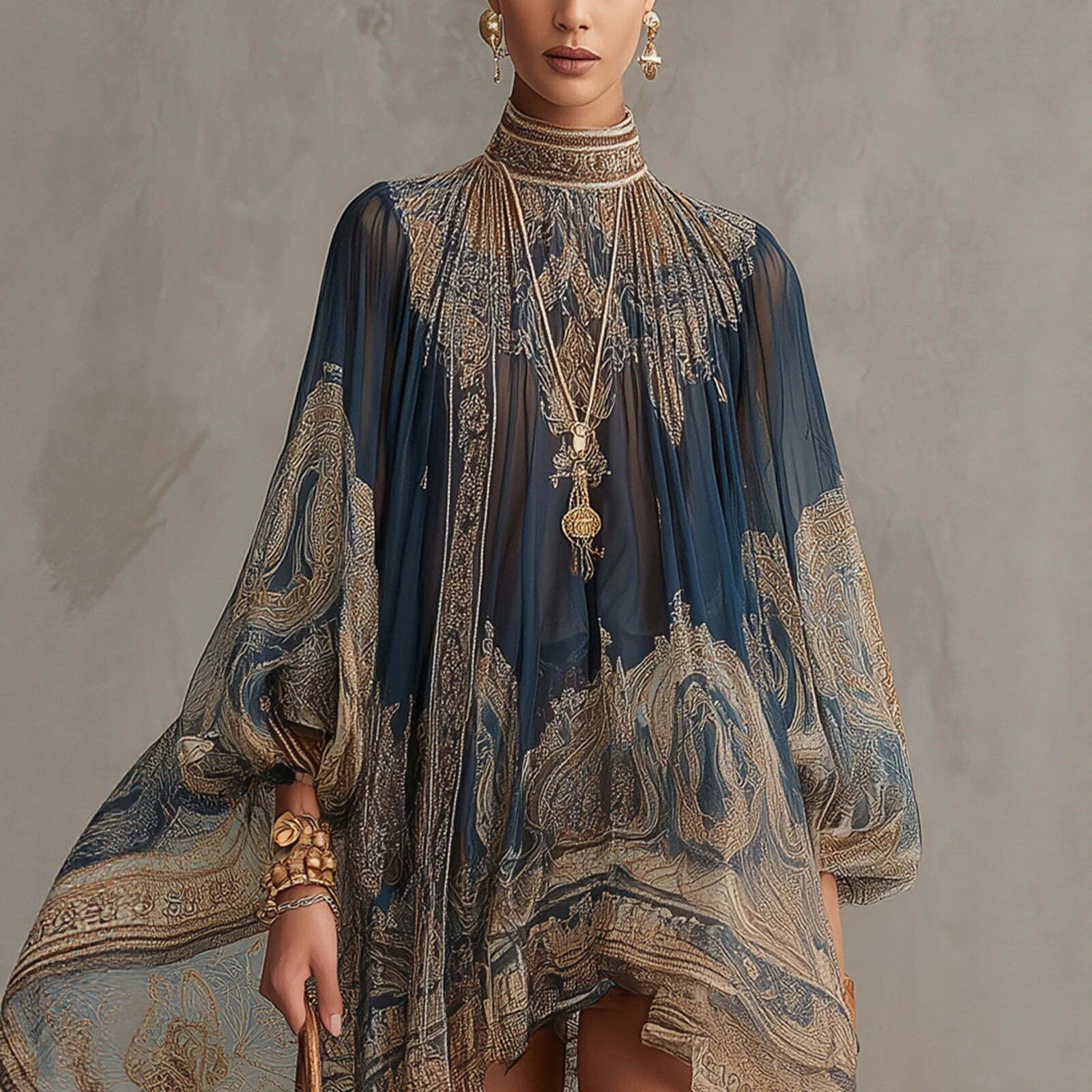Navy Blue Printed Puff Sleeve Stand Collar Bohemian Midi Dress