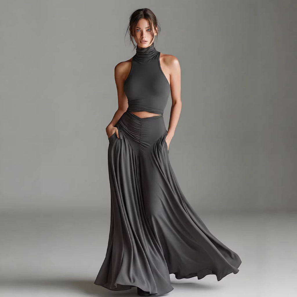 Women's Sleeveless High-Neck Top and Long A-Line Dress Set