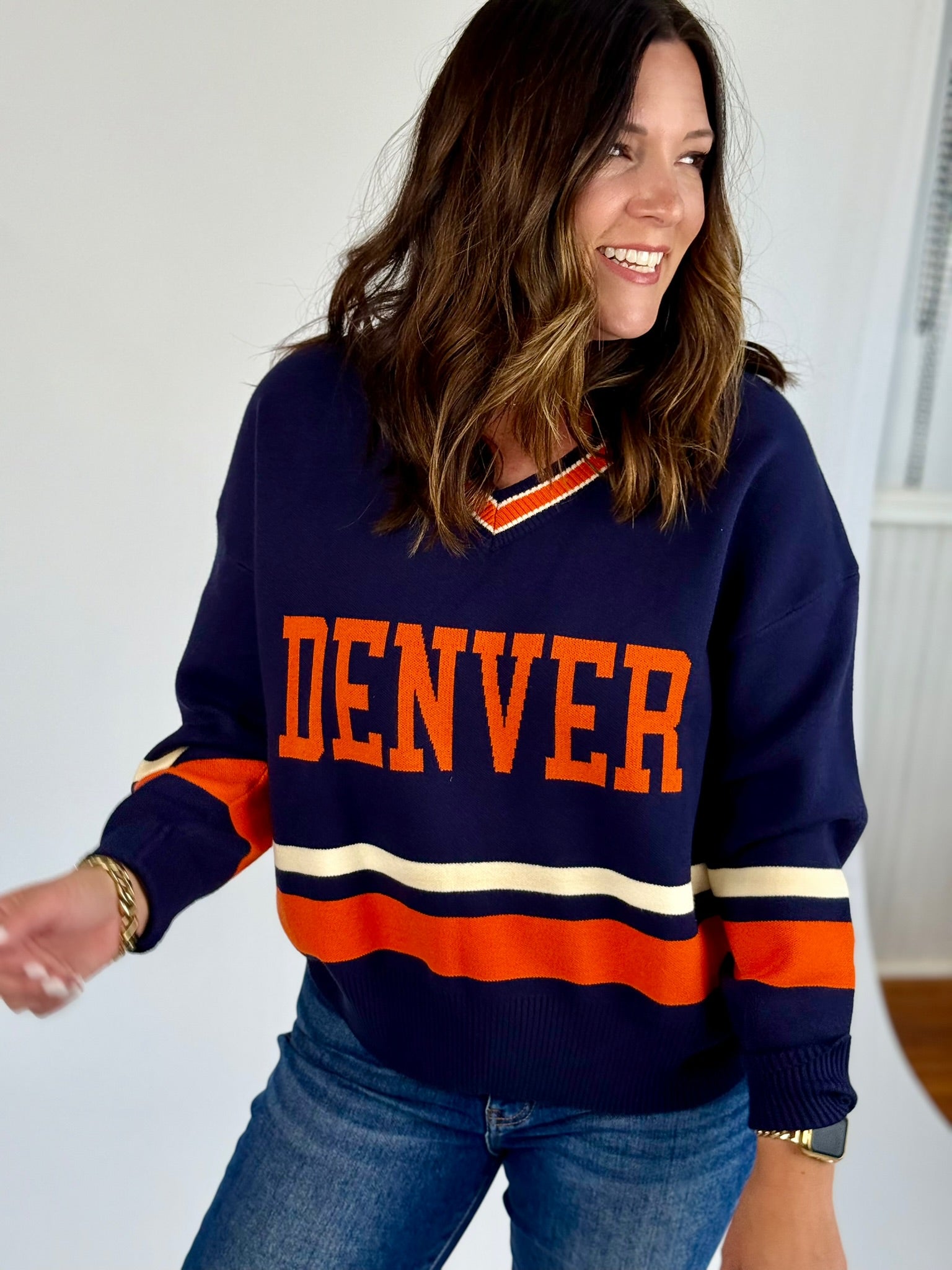 Denver University Varsity Sweater - Preppy Navy Orange Knit Top