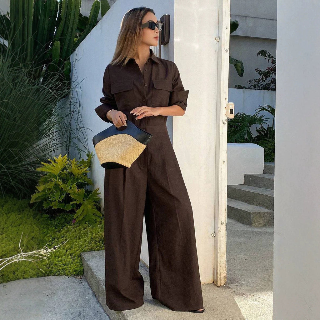 Women's Collar Long Sleeve Jumpsuit – Loose Fit Full Length