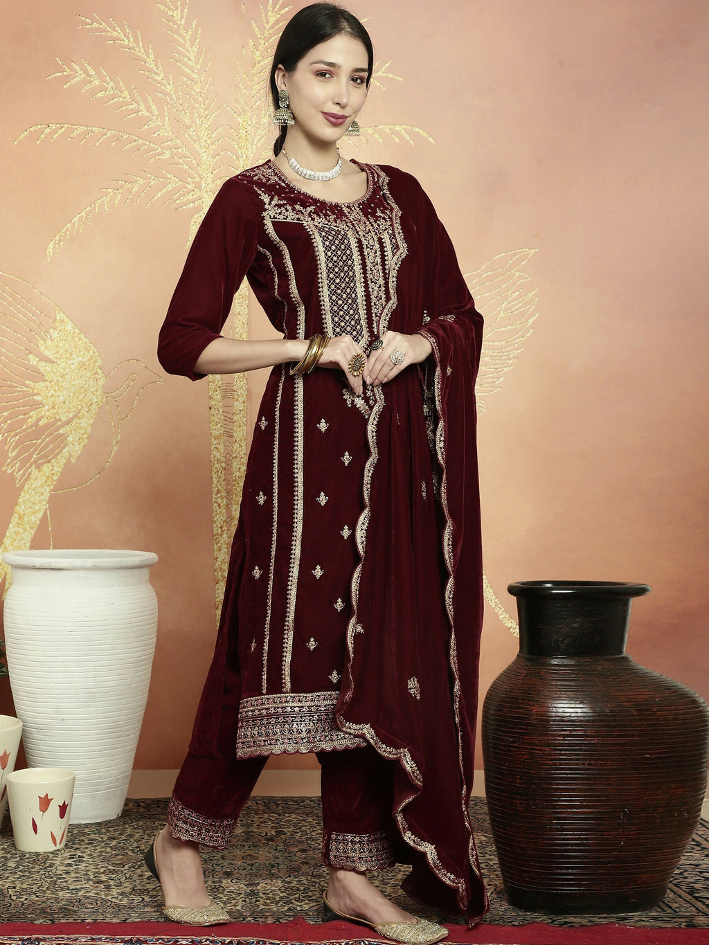 Maroon Velvet Straight Kurta Set with Resham Thread and Sequins