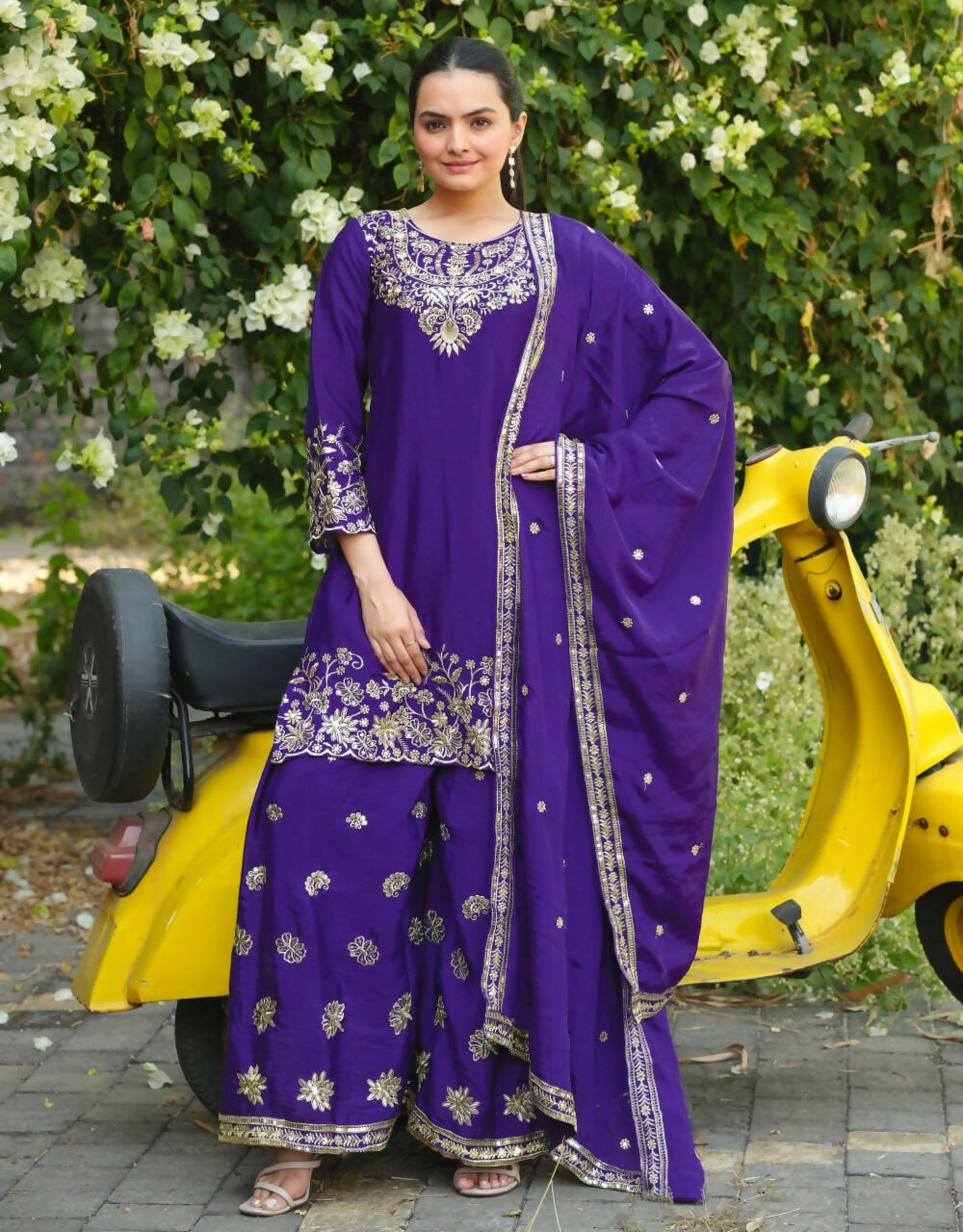 Purple Georgette Embroidered Sharara Set with flared pants and festive embroidery