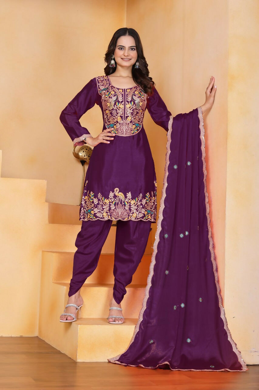 Wine Silk Embroidered Dhoti Set with Matching Kurti