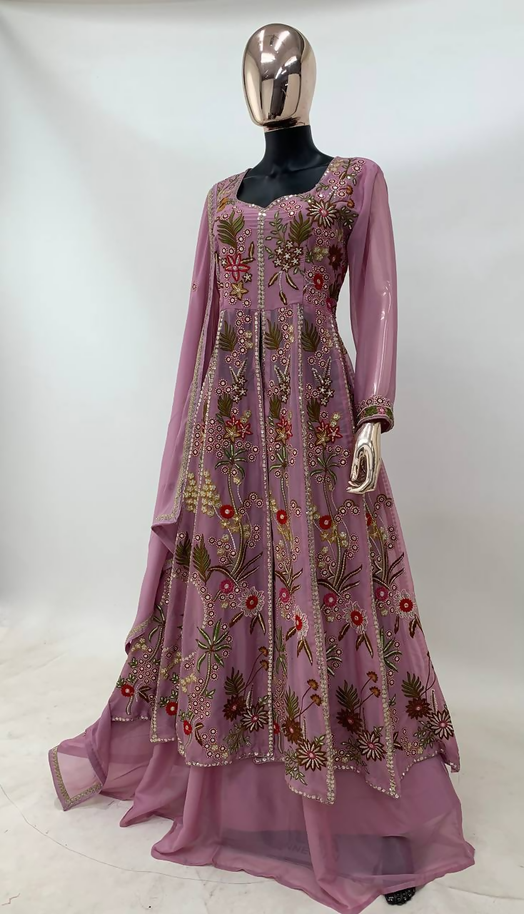 Pink Viscose Silk Embroidered Gown and Skirt Set Stitched