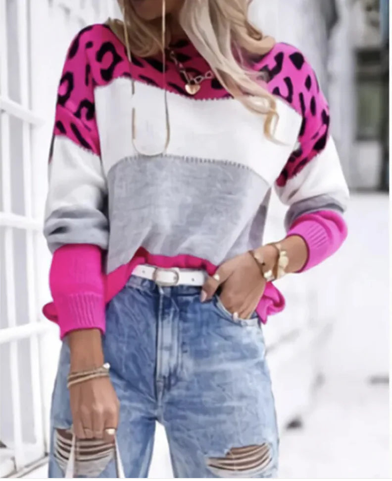 Women's Leopard Print Color Block Knit Pullover Sweater - Image 13