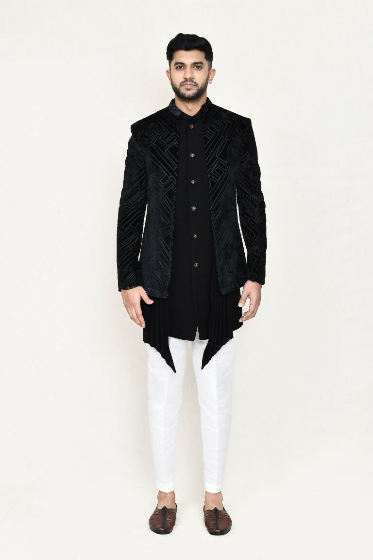 Black Velvet Embroidered Open Jacket with Matching Pant Set