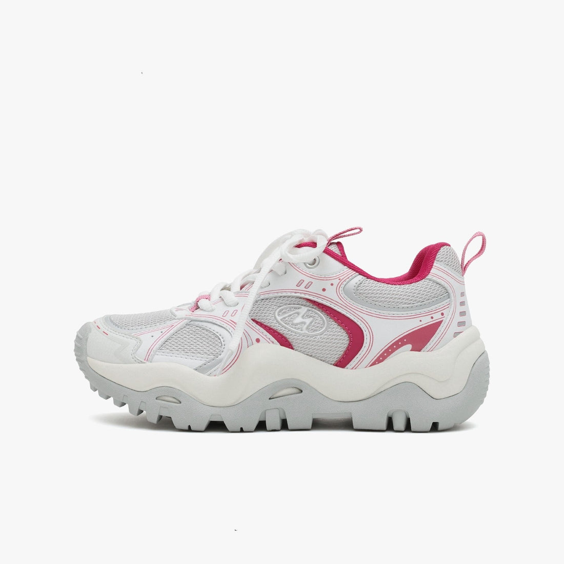 A pair of women's chunky platform 'dad' sneakers. One shoe is white with pink accents, mesh panels, synthetic overlays, and a thick wavy white and grey rubber sole. The other shoe is white with blue and beige accents, mesh panels, synthetic overlays, and a thick wavy grey and beige rubber sole. Both feature white laces and are shown on a white background.