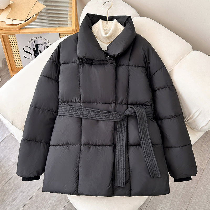Women's Chic Brown Puffer Parka with High Stand Collar & Belt - Image 4