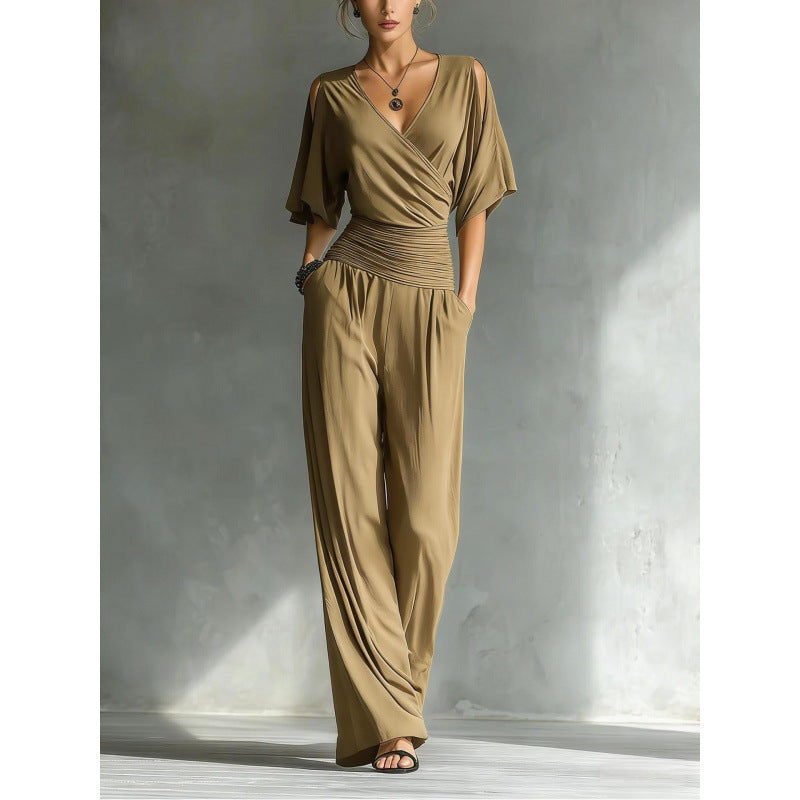 Women's V-Neck Slim Fit Straight Leg Jumpsuit in Khaki