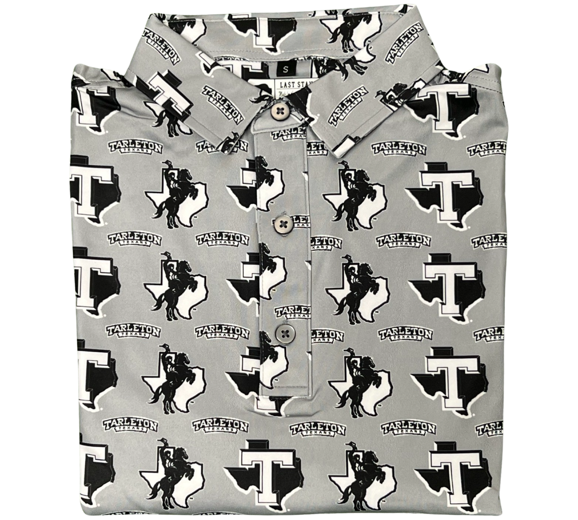 Men wearing a grey, black, and white Tarleton State Texans logo polo with collared button-front design.