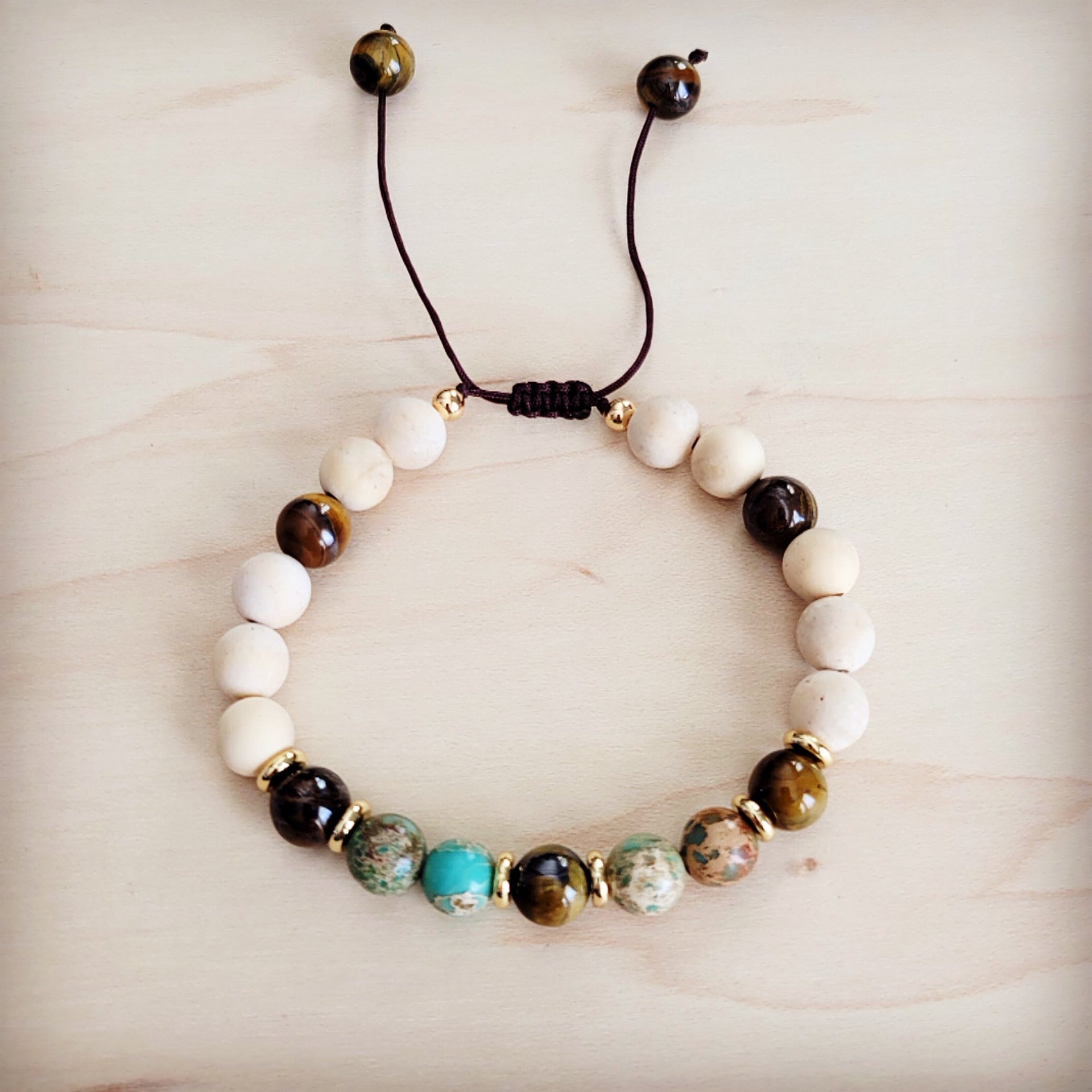 Genuine Jasper and Tigers Eye Adjustable Boho Beaded Bracelet